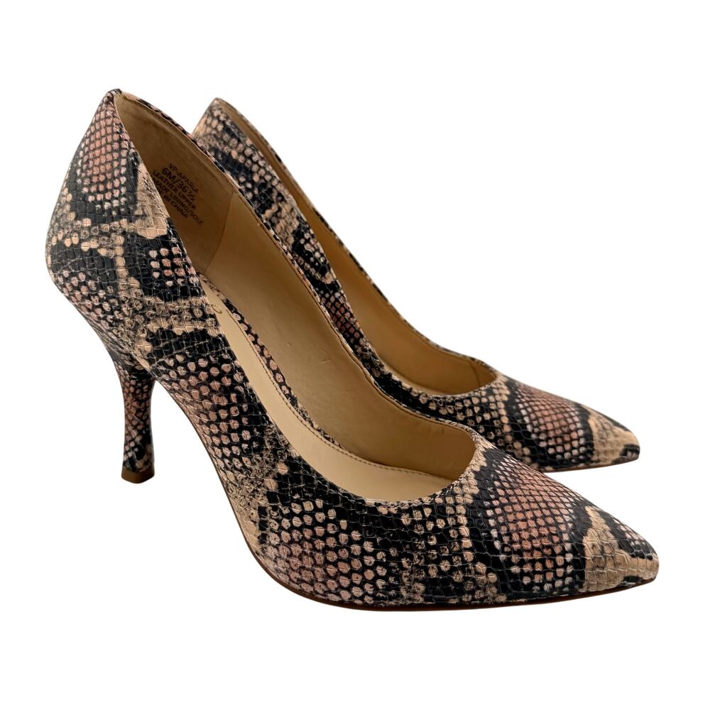 Vince Camuto Aparla Pumps Beige Black Leather Snakeskin Print Pointed Toe Size 6